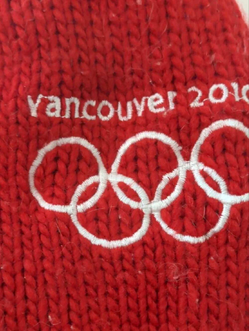 Vancouver Red Kids Knit Mittens with White Olympic Ring Design